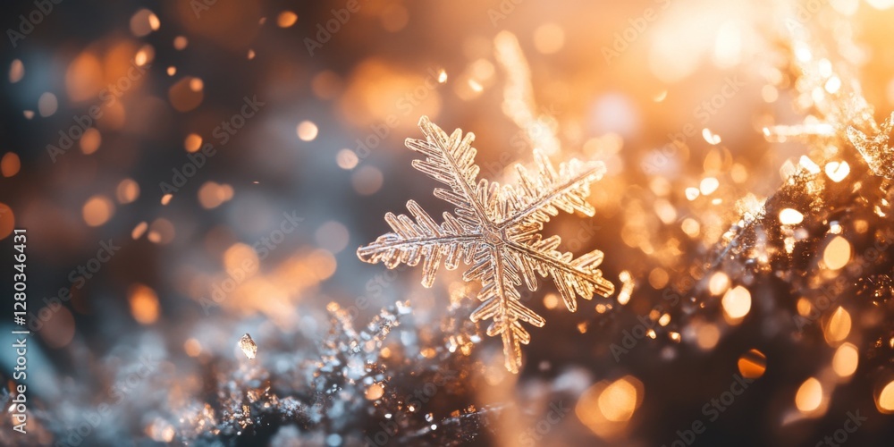 Poster a stunning close-up of a snowflake resting on sparkling ice. the image captures the details of winte