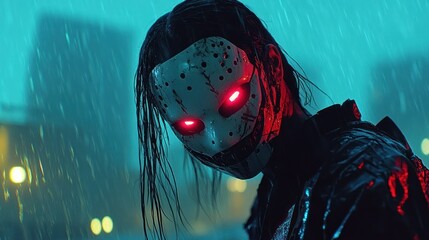 Mysterious figure with glowing eyes in a rain-soaked urban landscape at night