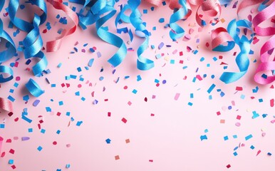 Obraz premium Colorful Party Streamers and Glittering Confetti on Pink Background for Celebratory Events and Festive Occasions