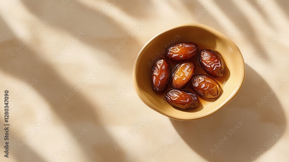 Poster fresh medjool dates in a bowl with soft natural light and gentle shadows on a cream background