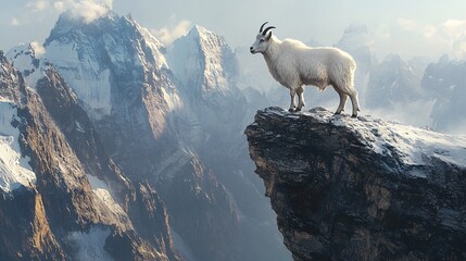 Majestic Mountain Goat: An emblematic mountain goat, with its thick white coat and impressive horns, surveys its domain atop a snowy precipice, embodying strength, resilience.