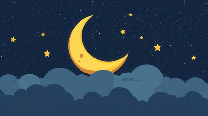 Fototapeta premium Bright Crescent Moon with Stars in a Night Sky over Soft Clouds in a Whimsical Style