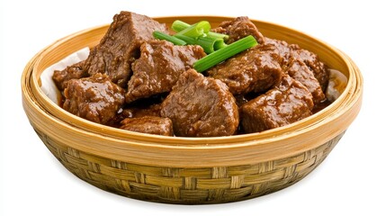 Close Up of Brown Stewed Beef Meal with Green Garnish in Woven Bowl Isolated