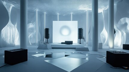 Futuristic minimalist music venue with ambient lighting and abstract design elements