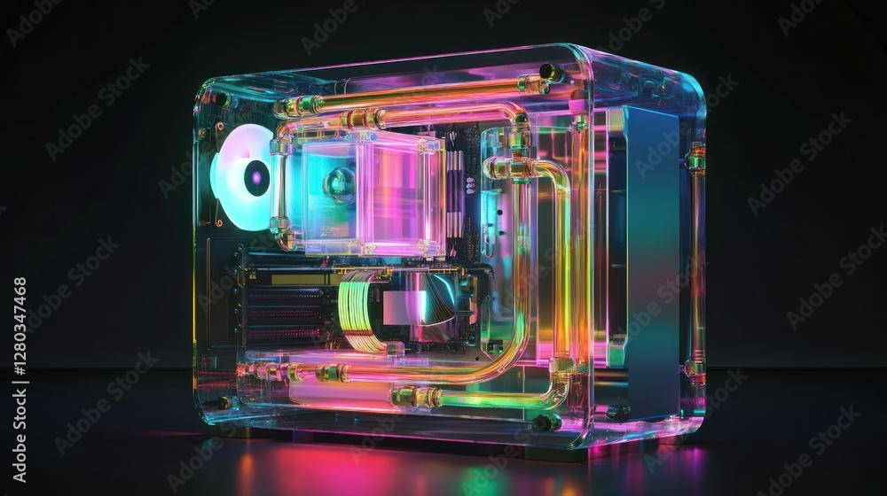 Poster a vibrant, illuminated computer case showcasing advanced cooling systems in a dark setting