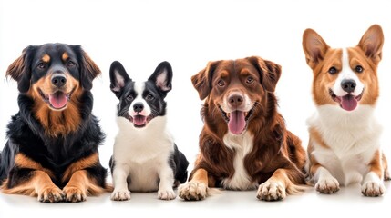 Four Happy Dogs Studio Portrait Against White Background