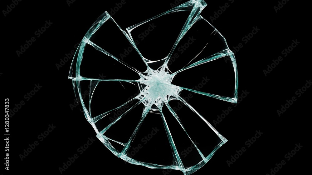 Poster a shattered glass piece with sharp edges radiating from the center, set against a dark background, s