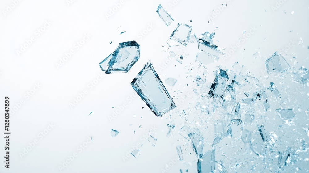 Poster shattered glass pieces scatter dynamically against a light background, showcasing sharp edges and a 