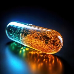 Fototapeta premium A high-tech, glowing vitamin capsule with digital molecular structures inside, symbolizing advanced medical innovation.