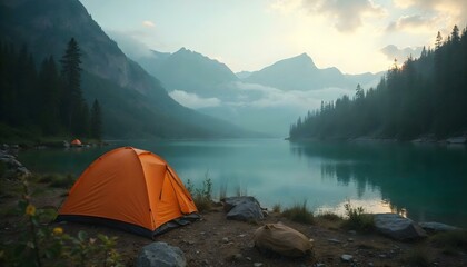 A picturesque camping tent near a tranquil lake, framed by stunning mountains, ideal for outdoor adventures