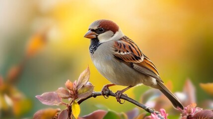 Brown Sparrow Perched on a Branch with Flowers