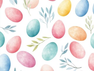 A colorful pattern featuring watercolor Easter eggs among delicate green leaves on a white background.