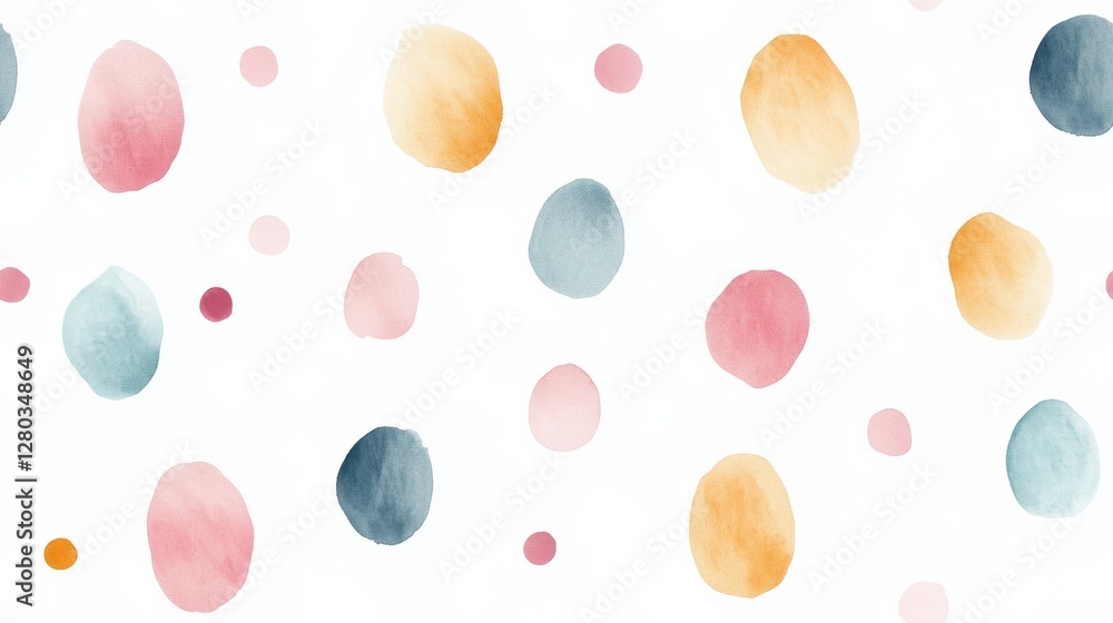 Poster a playful watercolor pattern featuring colorful dots on a white background, perfect for art projects