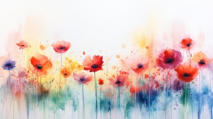 Obraz premium A vibrant watercolor painting featuring a field of colorful flowers blending into a soft, dreamy background.