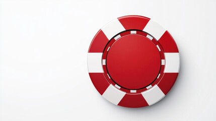 A vibrant red poker chip with white accents, placed on a clean surface, symbolizing gaming and casino culture.
