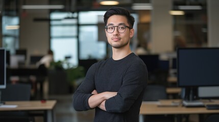 Fototapeta premium Portrait of a young man standing in an office. he is wearing a black long-sleeved shirt and glasses. he has short dark hair and is looking directly at the camera with a serious expression.