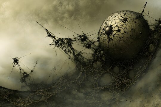 Surreal landscape featuring intricate structures and a large orb amidst a cloudy atmosphere
