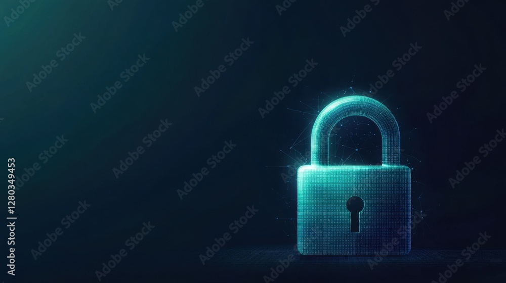 Poster a digital lock symbolizing cybersecurity and data protection, set against a dark background with glo