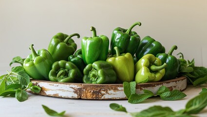 fresh green peppers ,Fresh Green Bell Peppers on Wooden Tray