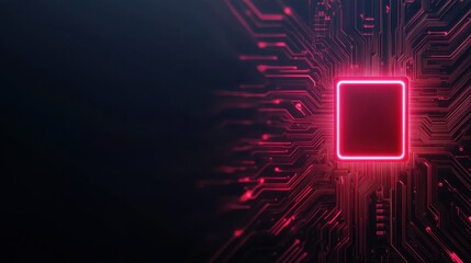 A futuristic circuit board design highlighted by a glowing pink square, set against a dark background, symbolizing technology and innovation.
