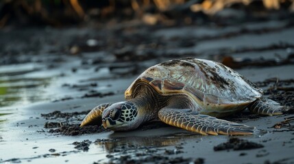 Sea Turtle on Dark Sandy Beach at Dawn