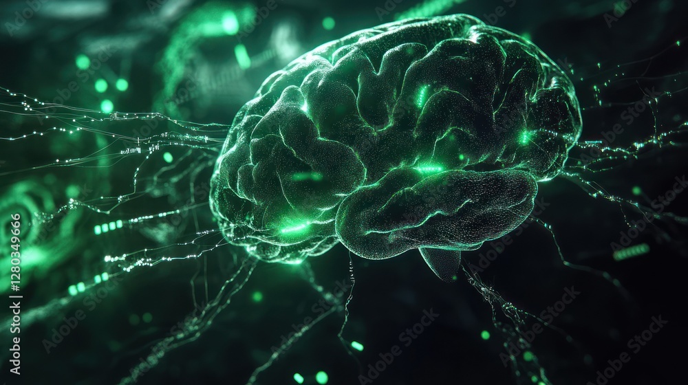 Poster futuristic digital brain visualization with glowing connections and abstract neural pathways