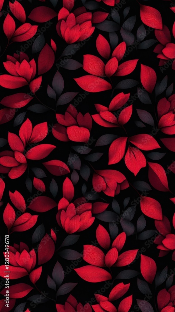 Poster a vibrant pattern of red leaves and flowers set against a dark background, creating a striking and e
