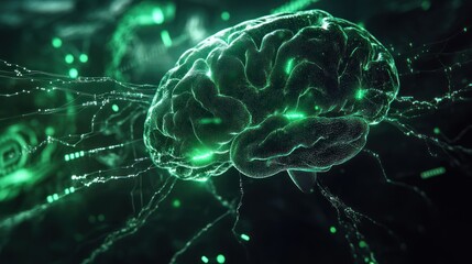 Futuristic digital brain visualization with glowing connections and abstract neural pathways