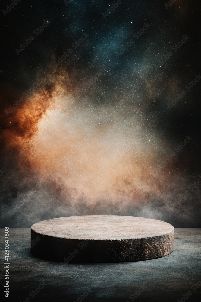Poster a circular stone platform set against a cosmic background of stars and galaxies, creating a mysterio