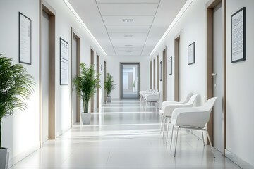 Obraz premium White Hospital Corridor with Doors and White Chairs