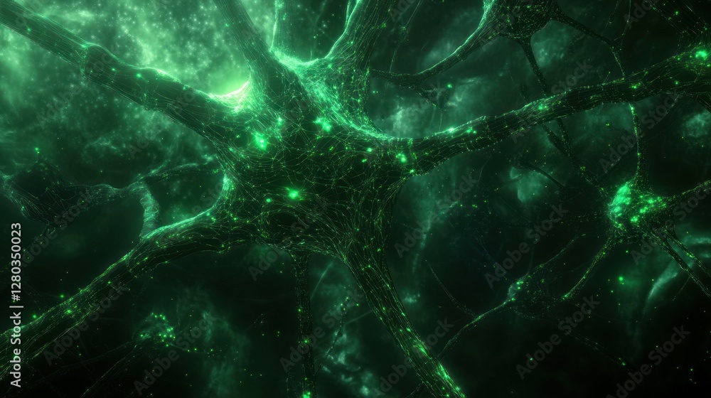 Poster intricate neural network illuminated in green, showcasing interconnected neurons in a dark environme