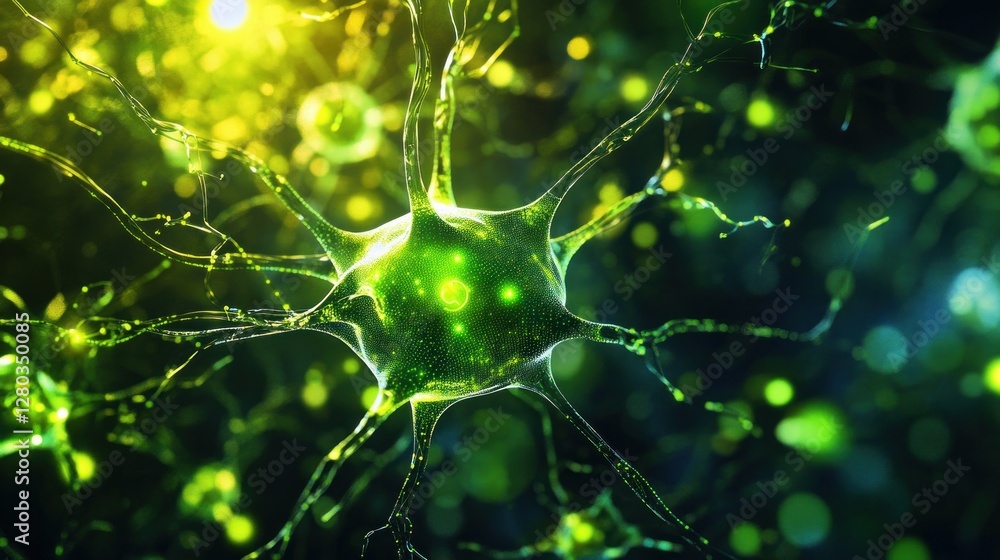 Poster close-up of a vibrant neuron showcasing intricate connections and glowing particles in a dynamic bac