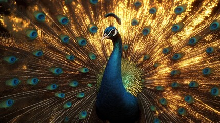 Fototapeta premium Majestic Peacock Displaying Colorful Feathers in a Stunning Natural Environment with Golden Light