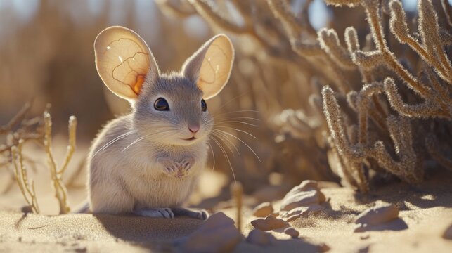 Small Desert Jerboa Among Desert Plants