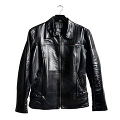 Sleek Black Leather Jacket Hanging on White Background in Studio Setting