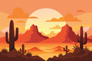 Flat Vector Illustration of a Desert Landscape with Cacti and Mountains
