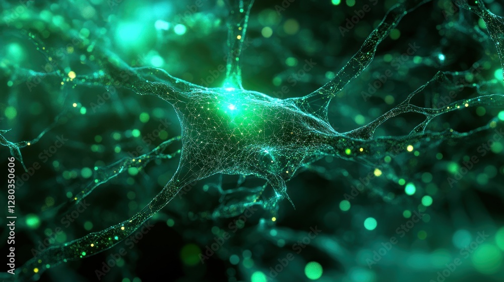 Poster close-up view of glowing neurons in a dark environment, showcasing intricate connections and activit