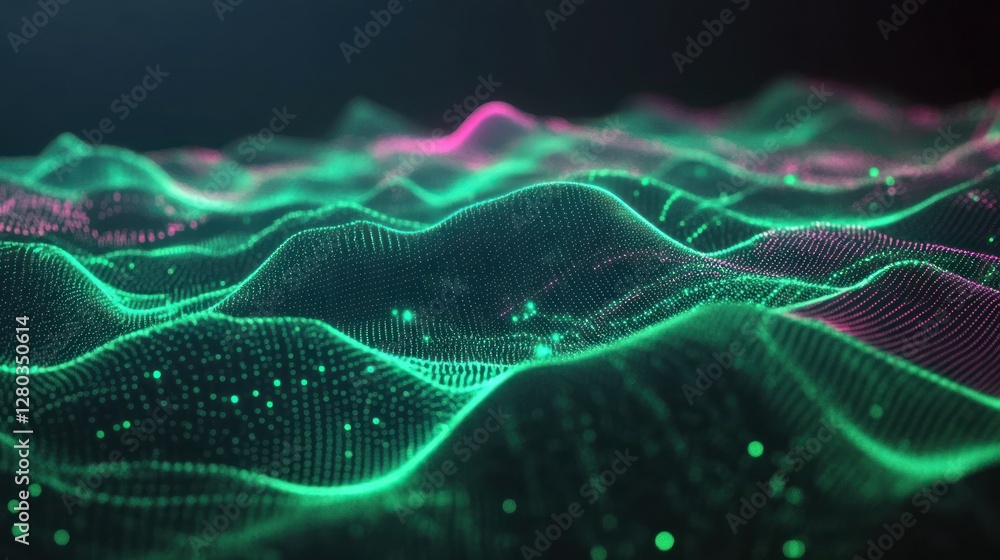 Poster abstract representation of digital waves in vibrant colors with glowing particles in the background