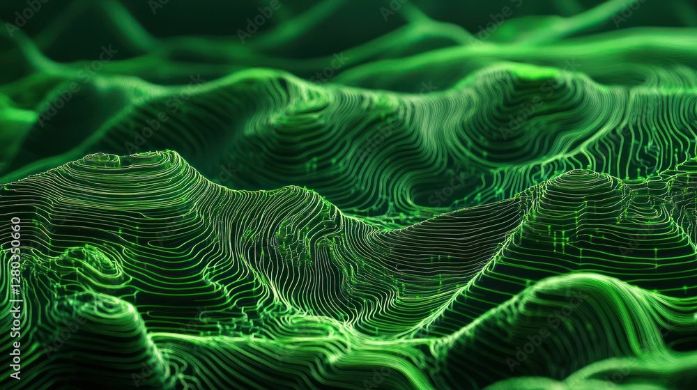 Poster abstract green landscape with flowing lines, creating a wave-like effect, suggesting depth and textu