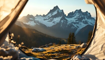 An inviting camping tent showcases majestic mountains, symbolizing adventure and the joy of travel