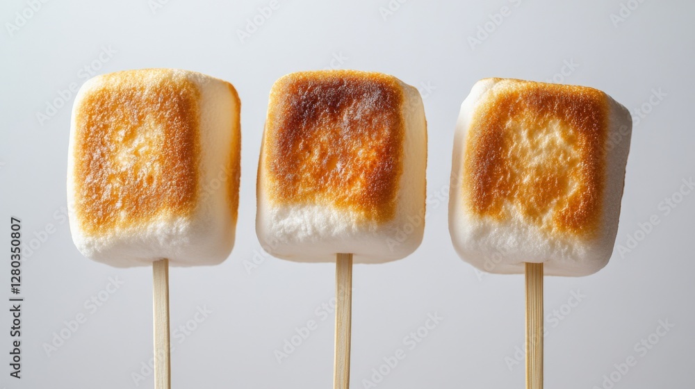 Poster three perfectly toasted marshmallows on skewers against a minimalistic white background