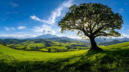 Obraz premium Majestic tree on hilltop, scenic valley, mountain backdrop; nature background