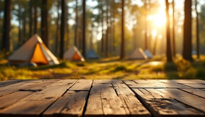 A forest setting with a table and camping tents, embodying the spirit of travel and a memorable vacation experience