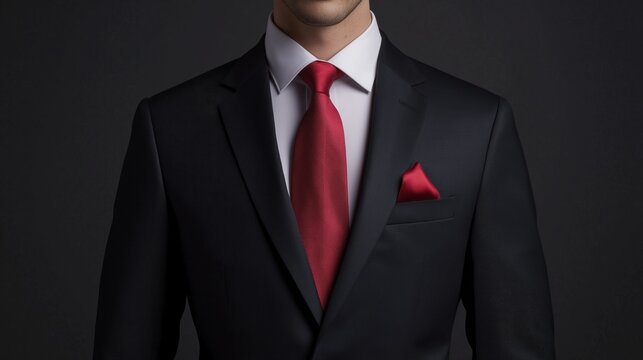 Close-up of a man's torso and upper body. he is wearing a black suit with a white shirt and a red tie. the tie is a solid red color and is tied in a neat knot.