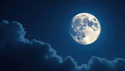 Bright full moon dominates night sky, stars visible , crater, bright