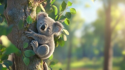 Cute koala resting on a tree branch surrounded by vibrant green leaves in a serene natural setting