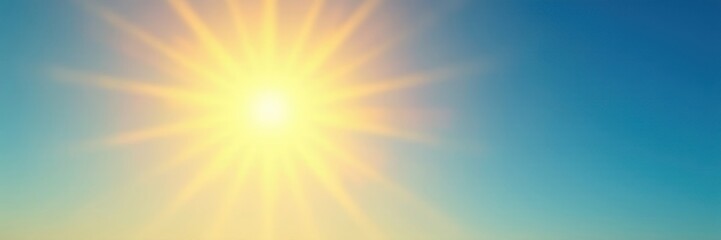 Fototapeta premium Bright yellow sun, radiating light beams against clear blue sky, joyful, illustration