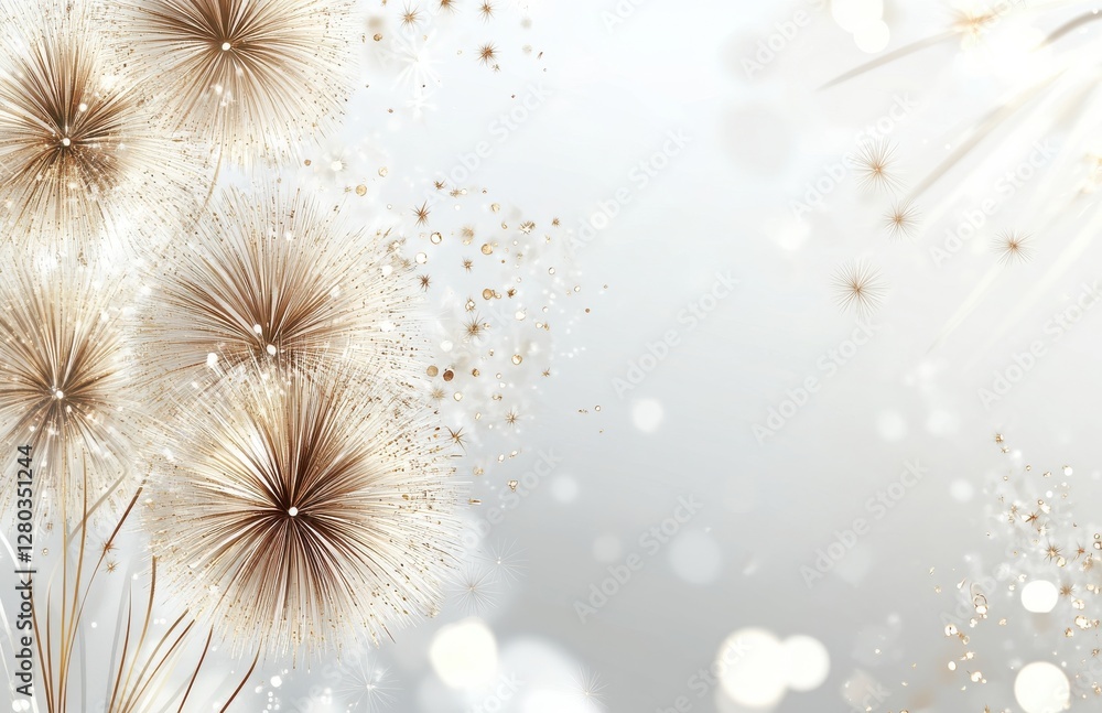 Poster delicate dandelion seeds floating in soft light against a subtle dazzling background of shimmering p