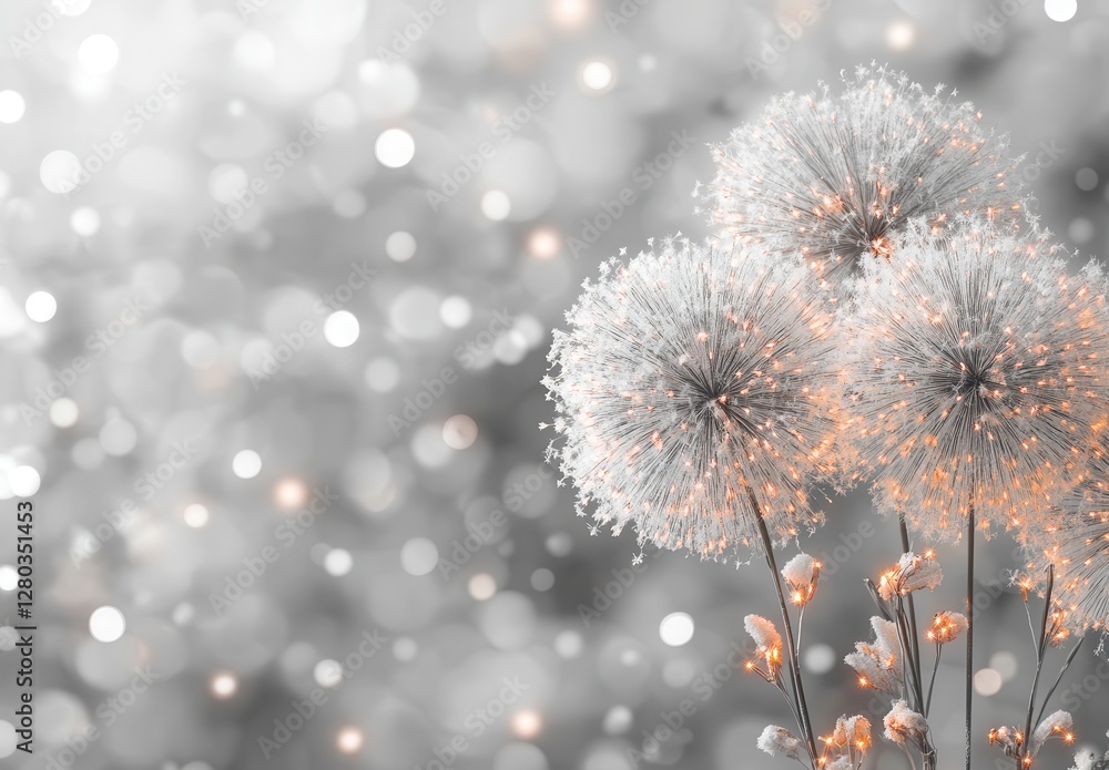 Poster delicate dandelion seeds glowing in soft focus with sparkling bokeh background in elegant black and 