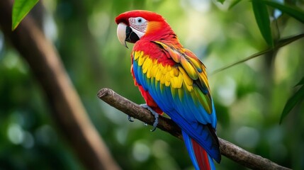 Vibrant Macaw Perched on Branch in Lush Tropical Forest